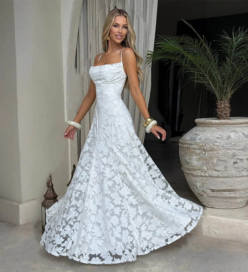 2026 Blumengesticktes Maxikleid für Damen, Sommerparty, Ballkleider, sexy rückenfreie Trägerkleider im französischen Stil, Abendkleid