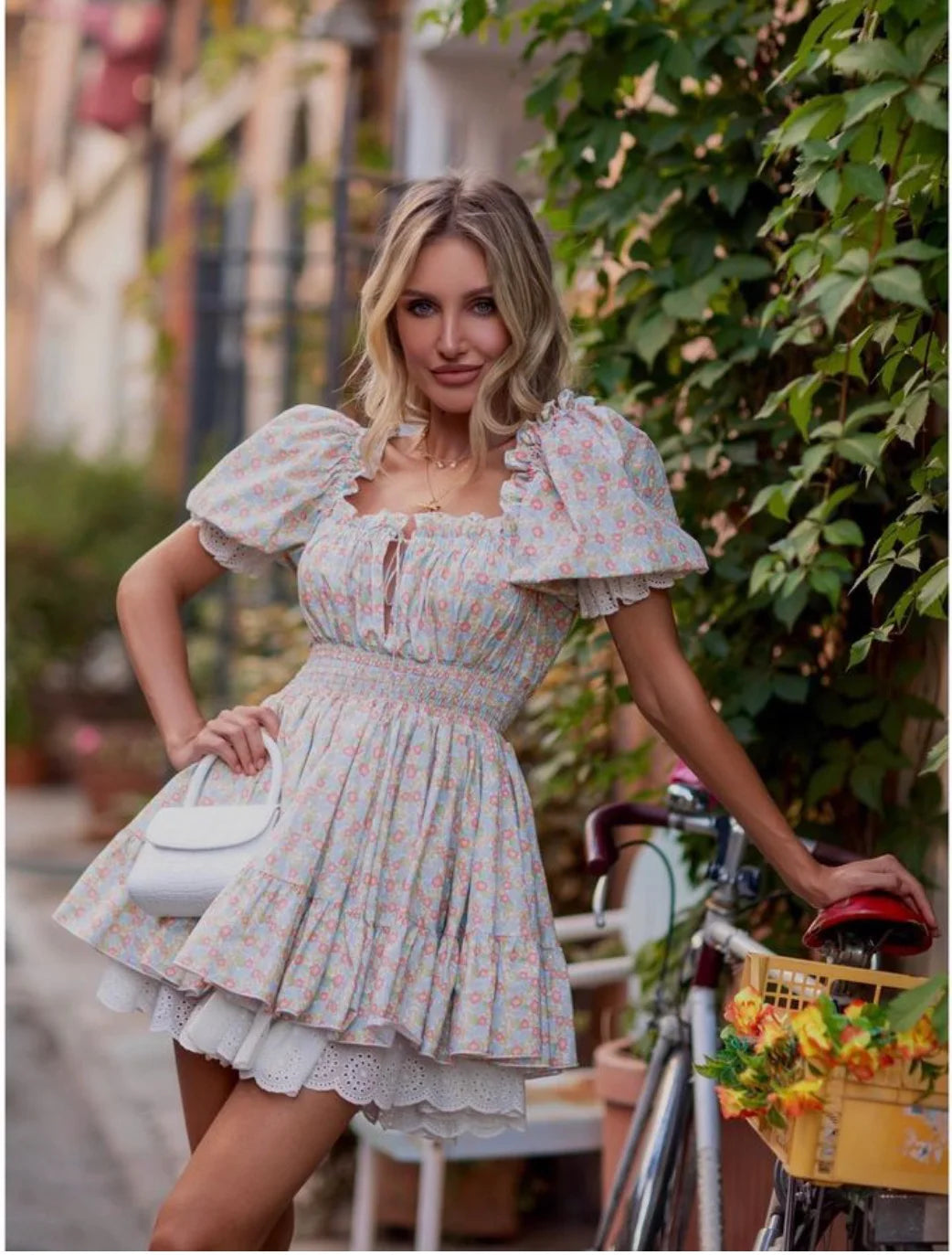 Gypsylady Geblümtes gestuftes Rüschen-Minikleid Spitze Puffärmel Sommerurlaub Sexy Schnürkleid Damen Kleider Party Damen Vestidos Neu