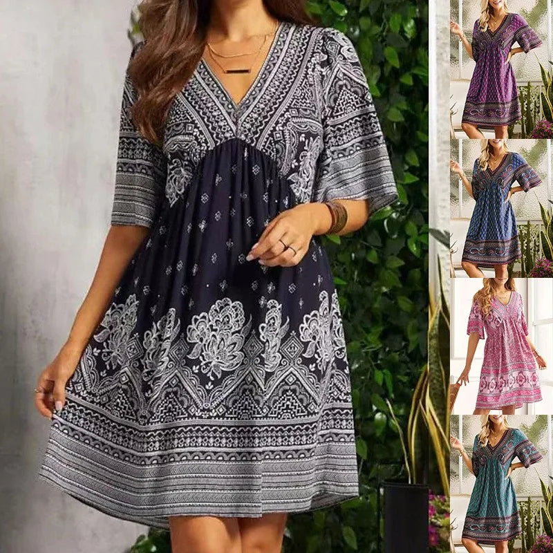 Autumn Women' Dress Summer V-neck Vintage Print Holiday Beach National Style Boho Midi Loose Dresses For Women Casual Vestidos