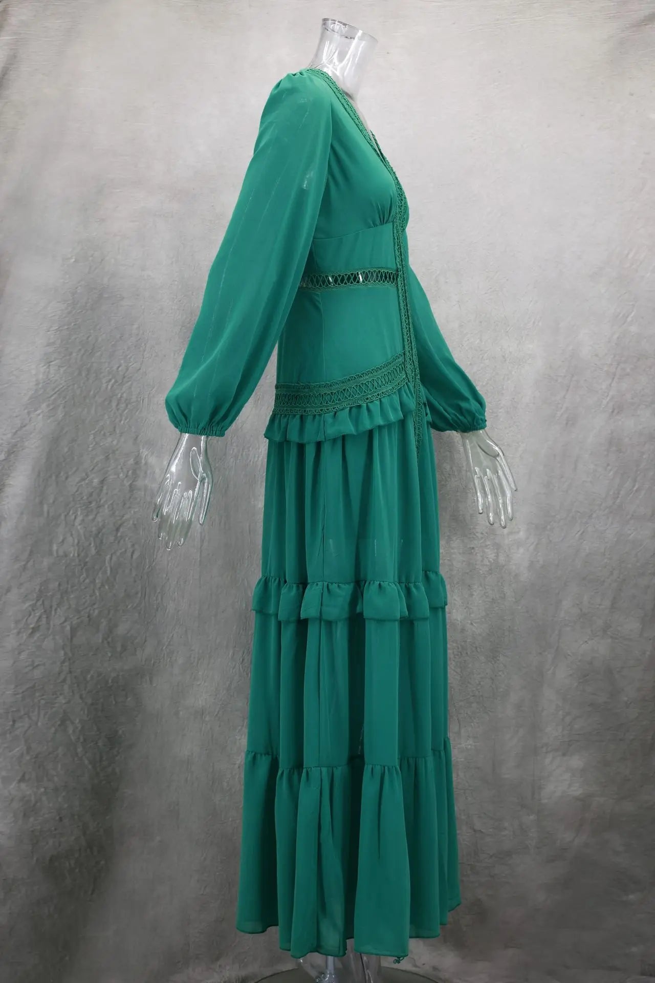 CM.YAYA Damen V-Ausschnitt Langarm Rüschen Spitze Langes Maxi-Kleid 2025 Frühling Strand Urlaub Party Sexy Street Vestidos Sexy Kleider