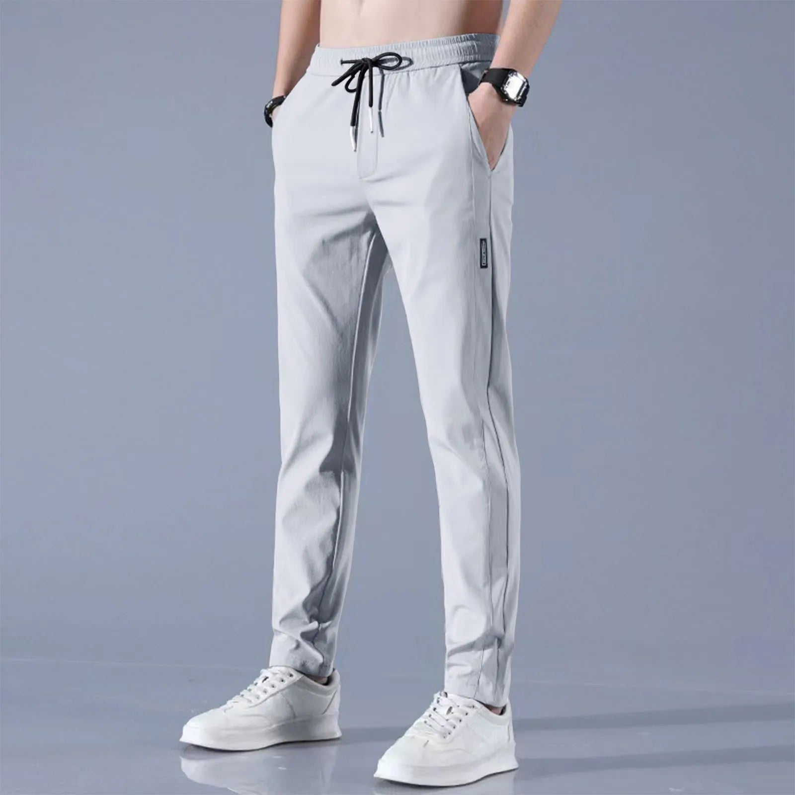 Herren Fast Dry Stretchhose Eisseidehose Einfarbig Mittlere Taille Locker Atmungsaktive Straight-Leg Freizeithose Dünne Sporthose