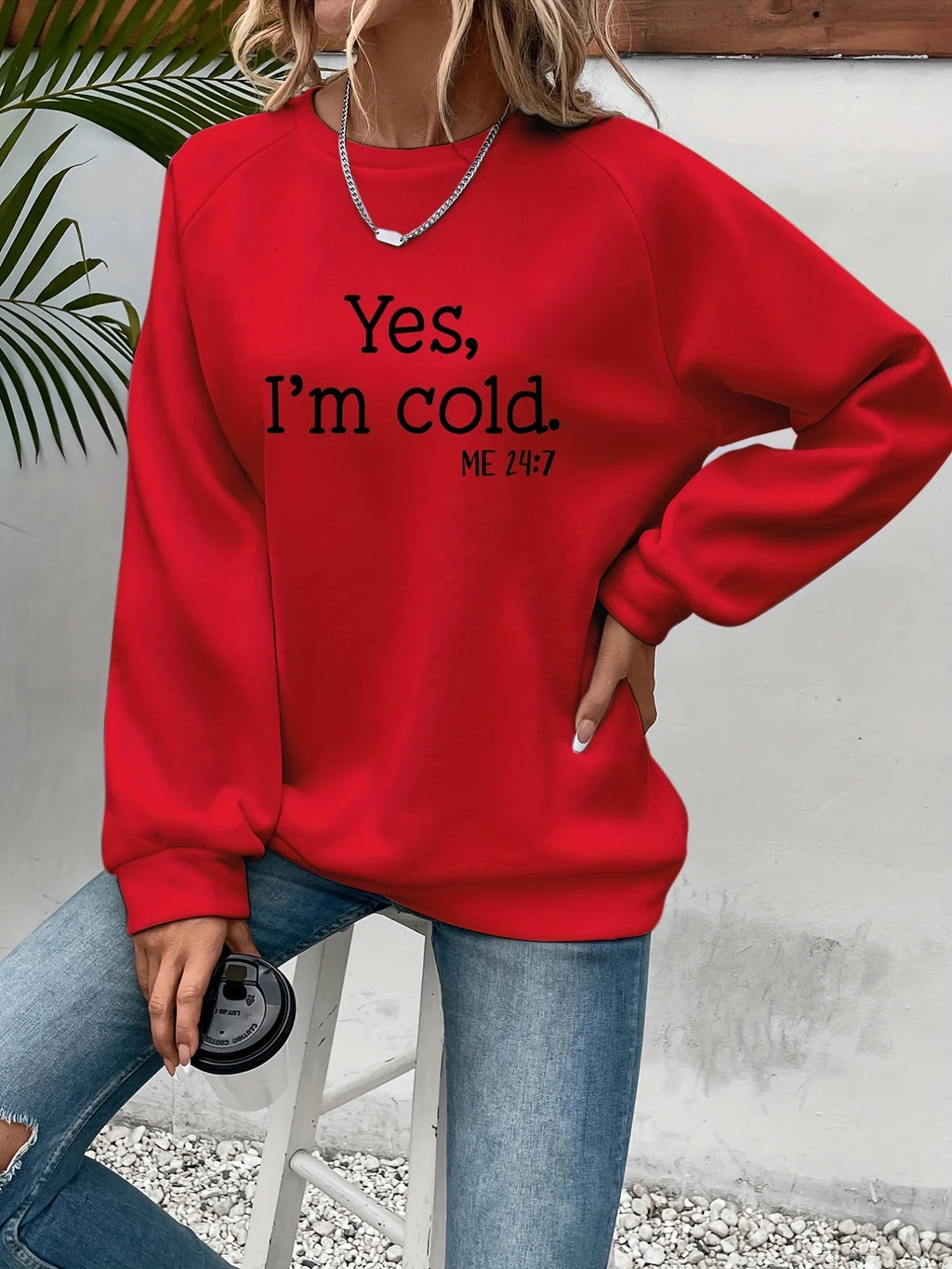 Yes I'm Cold Buchstaben bedruckte Sweatshirts für Damen, Langarm, Rundhals, warme Hoodies, trendige, schlichte Pullover, Damenbekleidung