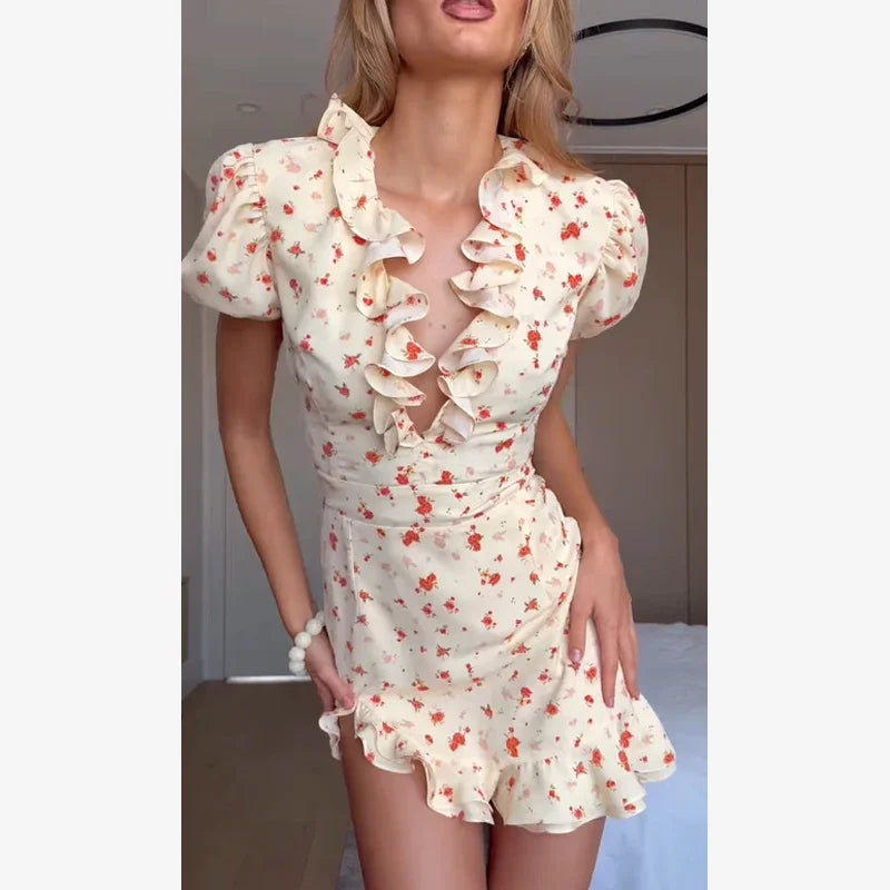 Chic Ruffle Print Slim Short Dress Women Chic Patchwork Flared sleeves V-neck Pleated Dresses 2026 Lady Summer Casual Vestido
