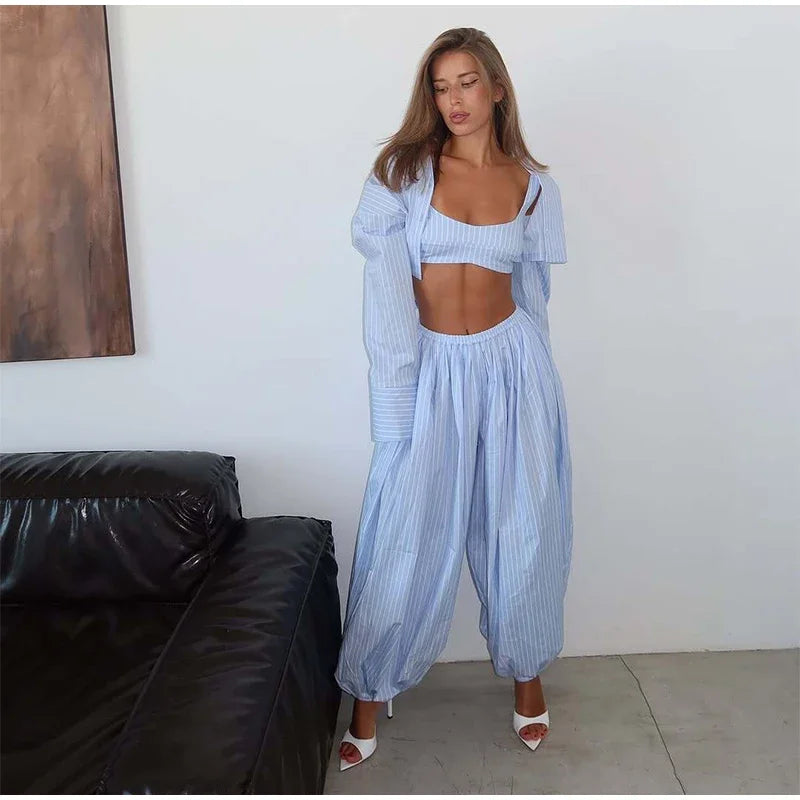 Women Low-rise Lantern Pants 3-piece Set Casual Striped Sleeveless Vest Long Sleeve Lapel Shirt Sets 2026 Lady Street Outfits