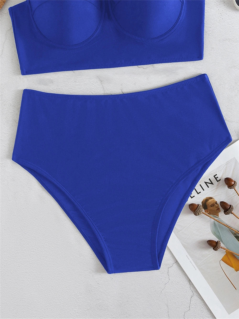 Kettenriemen-Bikinis 2026 Damen einfarbiger Push-up-Badeanzug High Waist Bademode weiblich sexy Badeanzug Schwimmen Sommer Strandmode