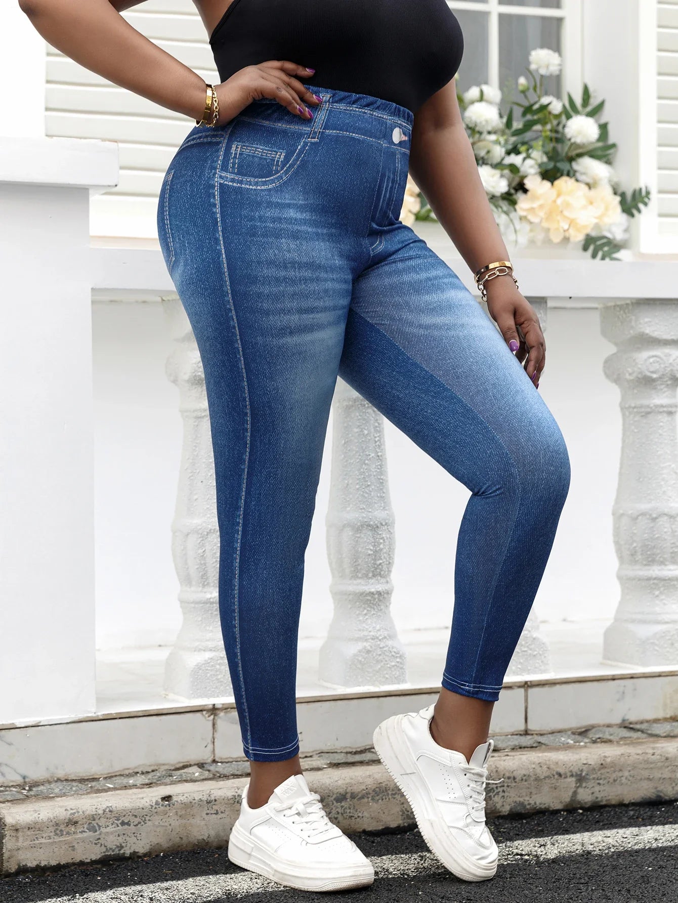 Plus-Size-Damen-Imitations-Jeans-Leggings im Vintage-Look, mittelhohe Strickhose, dehnbar und trendig, Sporthose