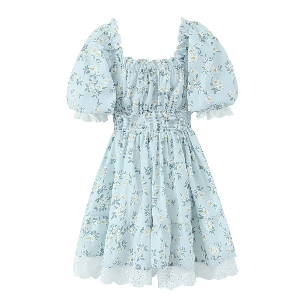 Gypsylady Geblümtes gestuftes Rüschen-Minikleid Spitze Puffärmel Sommerurlaub Sexy Schnürkleid Damen Kleider Party Damen Vestidos Neu