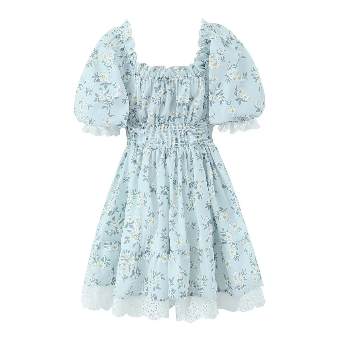 Gypsylady Geblümtes gestuftes Rüschen-Minikleid Spitze Puffärmel Sommerurlaub Sexy Schnürkleid Damen Kleider Party Damen Vestidos Neu
