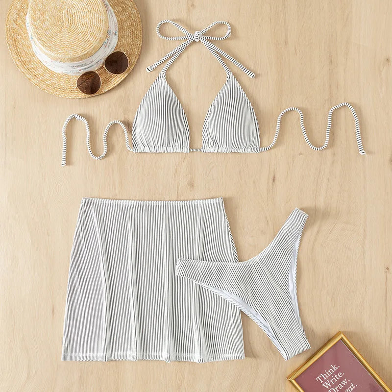 3-teiliger gerippter Bikini 2026, Neckholder-Triangel-Bikini & Rock, Bademode, Damen-Badeanzug, weibliche Strandmode