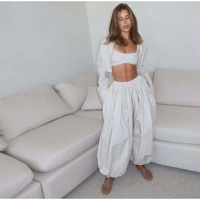 Women Low-rise Lantern Pants 3-piece Set Casual Striped Sleeveless Vest Long Sleeve Lapel Shirt Sets 2026 Lady Street Outfits