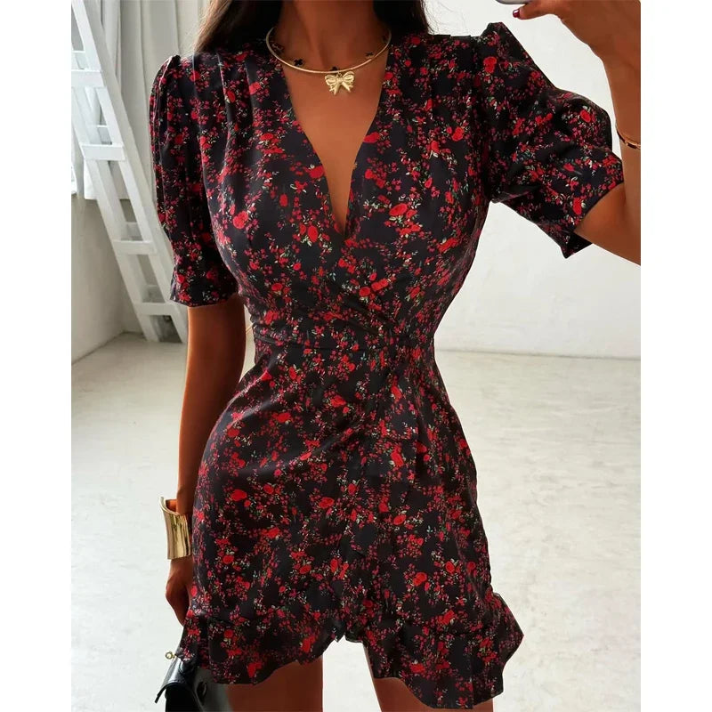 Chic Ruffle Print Slim Short Dress Women Chic Patchwork Flared sleeves V-neck Pleated Dresses 2026 Lady Summer Casual Vestido