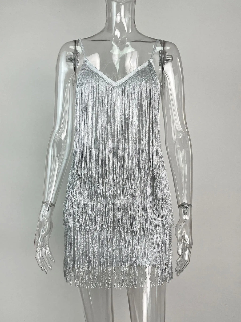 Leosoxs Damen sexy tiefes V-Ausschnitt Spaghettiträger Fransen Bodycon Minikleid Quasten rückenfrei Gatsby Cocktail Club Partykleider