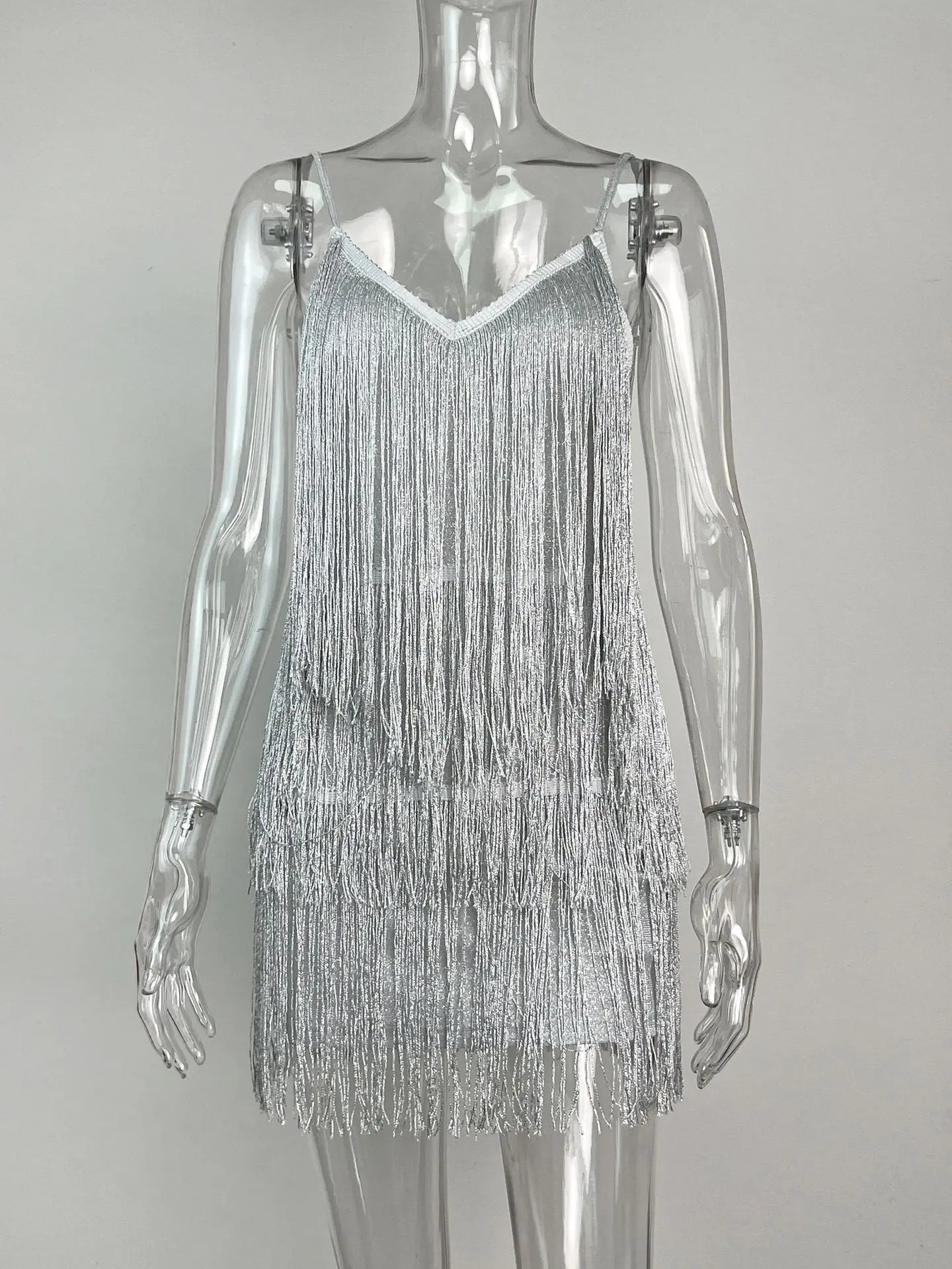 Leosoxs Damen sexy tiefes V-Ausschnitt Spaghettiträger Fransen Bodycon Minikleid Quasten rückenfrei Gatsby Cocktail Club Partykleider