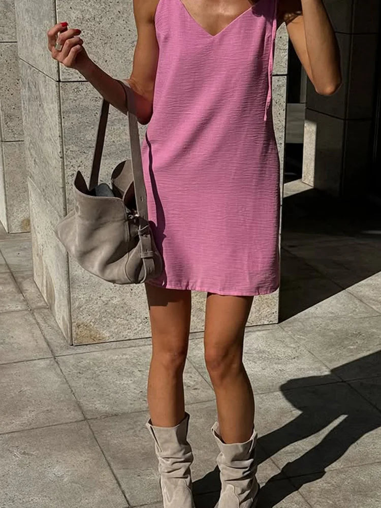 Ahagaga Fashion Damenkleider, einfarbig, Träger, Bandage, normal, lässig, V-Ausschnitt, ärmellos, Sommer-Camisole, locker, süß, weiblich, Vestido