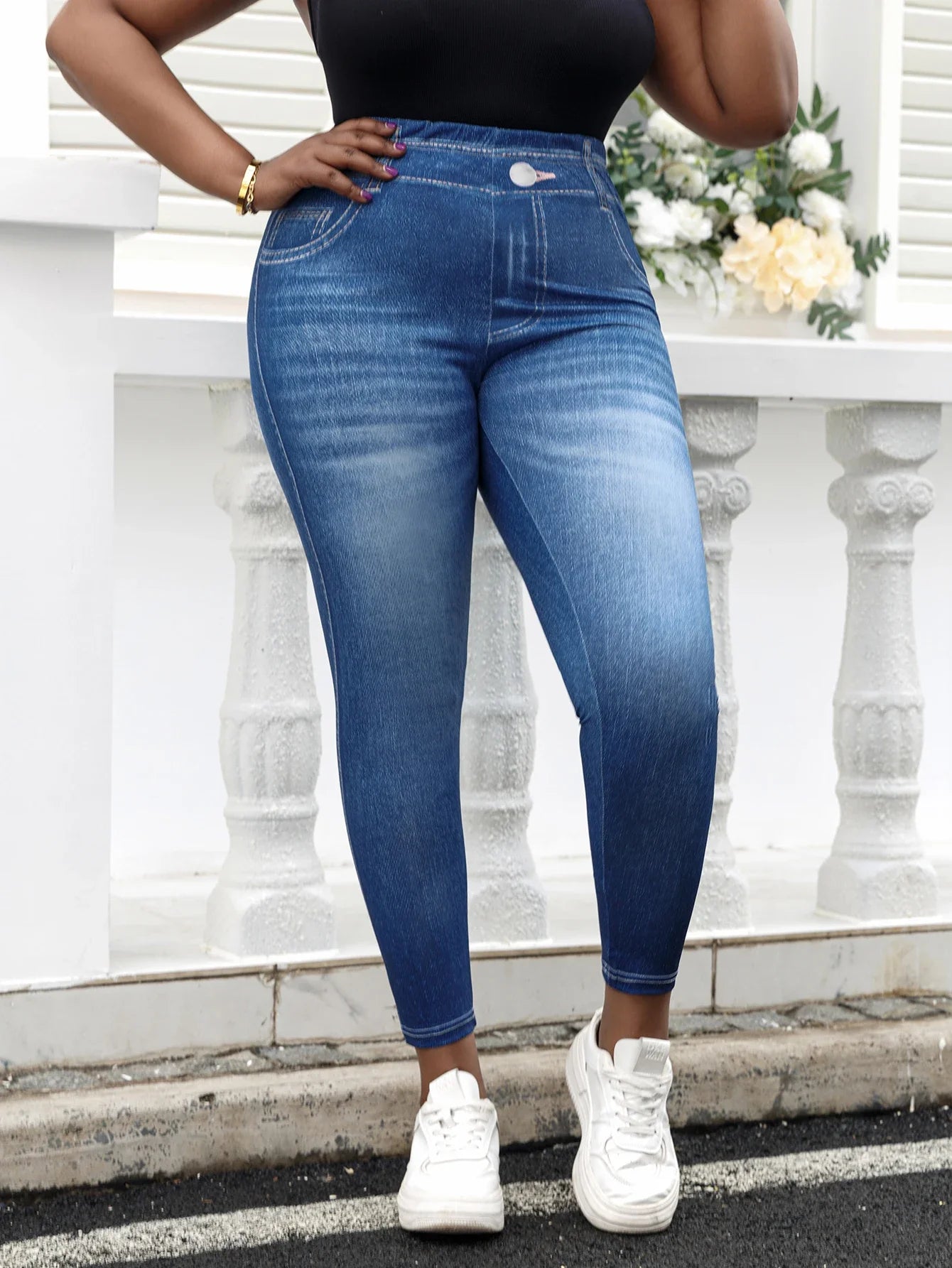 Plus-Size-Damen-Imitations-Jeans-Leggings im Vintage-Look, mittelhohe Strickhose, dehnbar und trendig, Sporthose