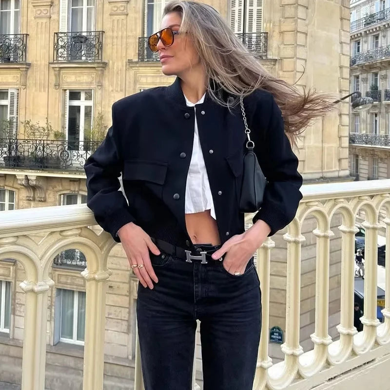 HXAO Woman Bomber Jacket Coat White Autumn Winter Button Baseball Aviator Cropped Jackets for Women Long Sleeve Crop Outerwear