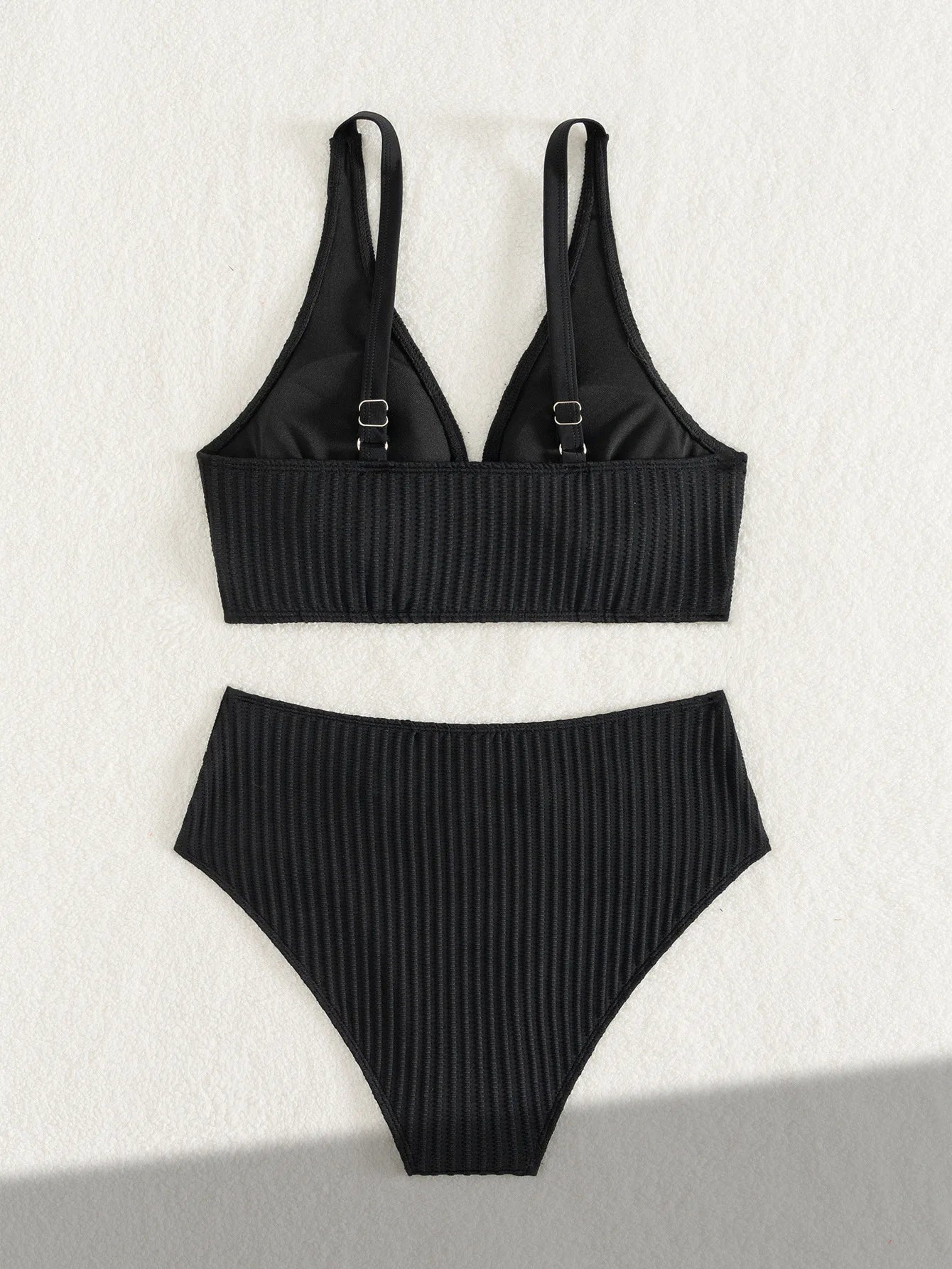 Sexy High Waist Bikini Set 2025 Damen V-Ausschnitt Gerippter Push-Up Zweiteiliger Badeanzug Sommer Bademode Urlaubs-Bademode Biquini