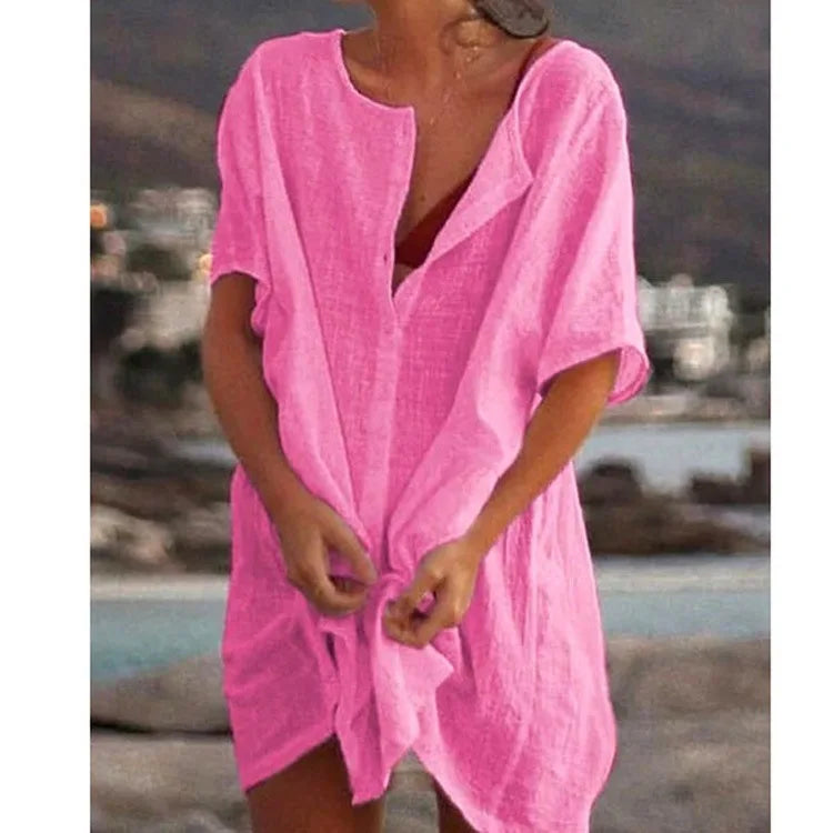 Damen Baumwolle Leinen Lange Bluse Sommer Kurzarm Einfarbige Knopfleiste Bluse Freizeitshirt Vintage Oversized S-8XL FYY1071