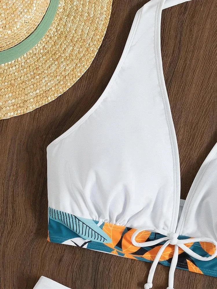 Europa und die Vereinigten Staaten Badeanzug Damen Print Nacken konservativ flacher Winkel hohe Taille Split flacher Winkel Bikini hohe Taille