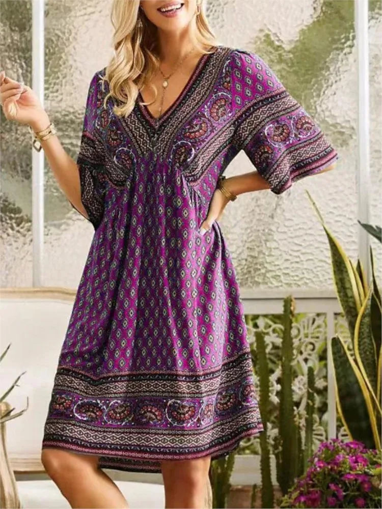 Autumn Women' Dress Summer V-neck Vintage Print Holiday Beach National Style Boho Midi Loose Dresses For Women Casual Vestidos