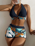 Europa und die Vereinigten Staaten Badeanzug Damen Print Nacken konservativ flacher Winkel hohe Taille Split flacher Winkel Bikini hohe Taille