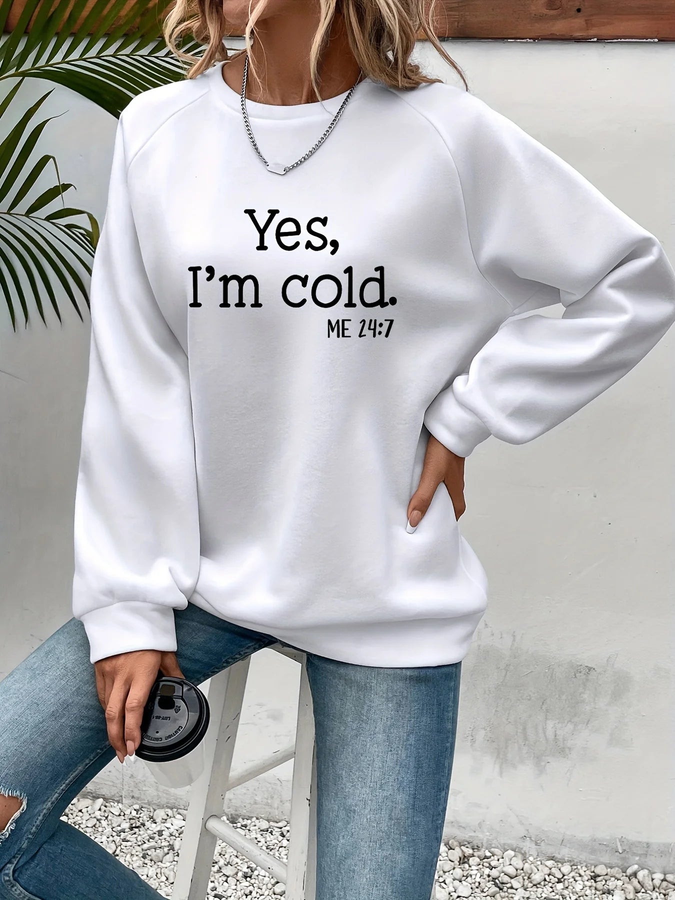 Yes I'm Cold Buchstaben bedruckte Sweatshirts für Damen, Langarm, Rundhals, warme Hoodies, trendige, schlichte Pullover, Damenbekleidung