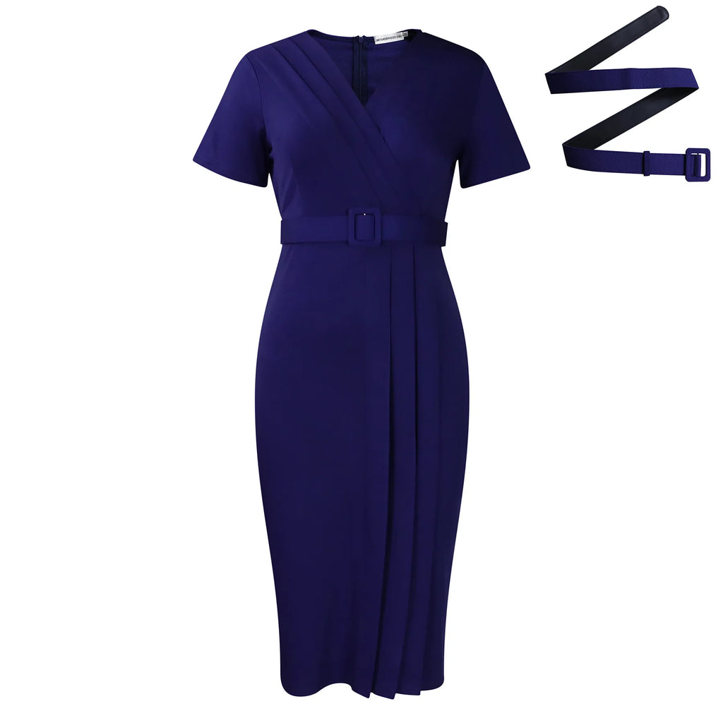 Summer New 2026 Women's Solid Color V-Neck Short Sleeve Dress Pencil Skirt Waist Tunle Material Fashionable Casual Maxi Dress