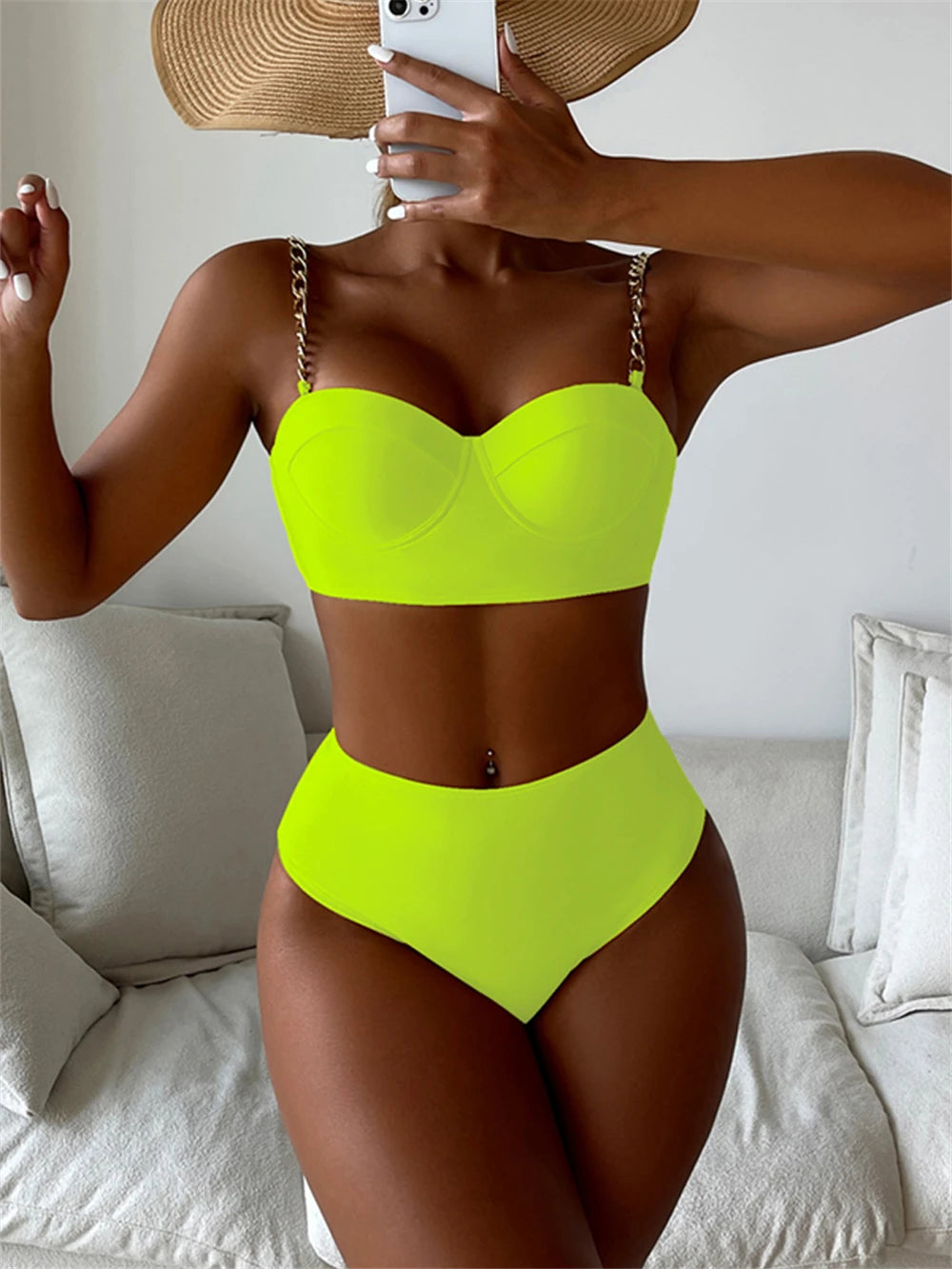 Kettenriemen-Bikinis 2026 Damen einfarbiger Push-up-Badeanzug High Waist Bademode weiblich sexy Badeanzug Schwimmen Sommer Strandmode