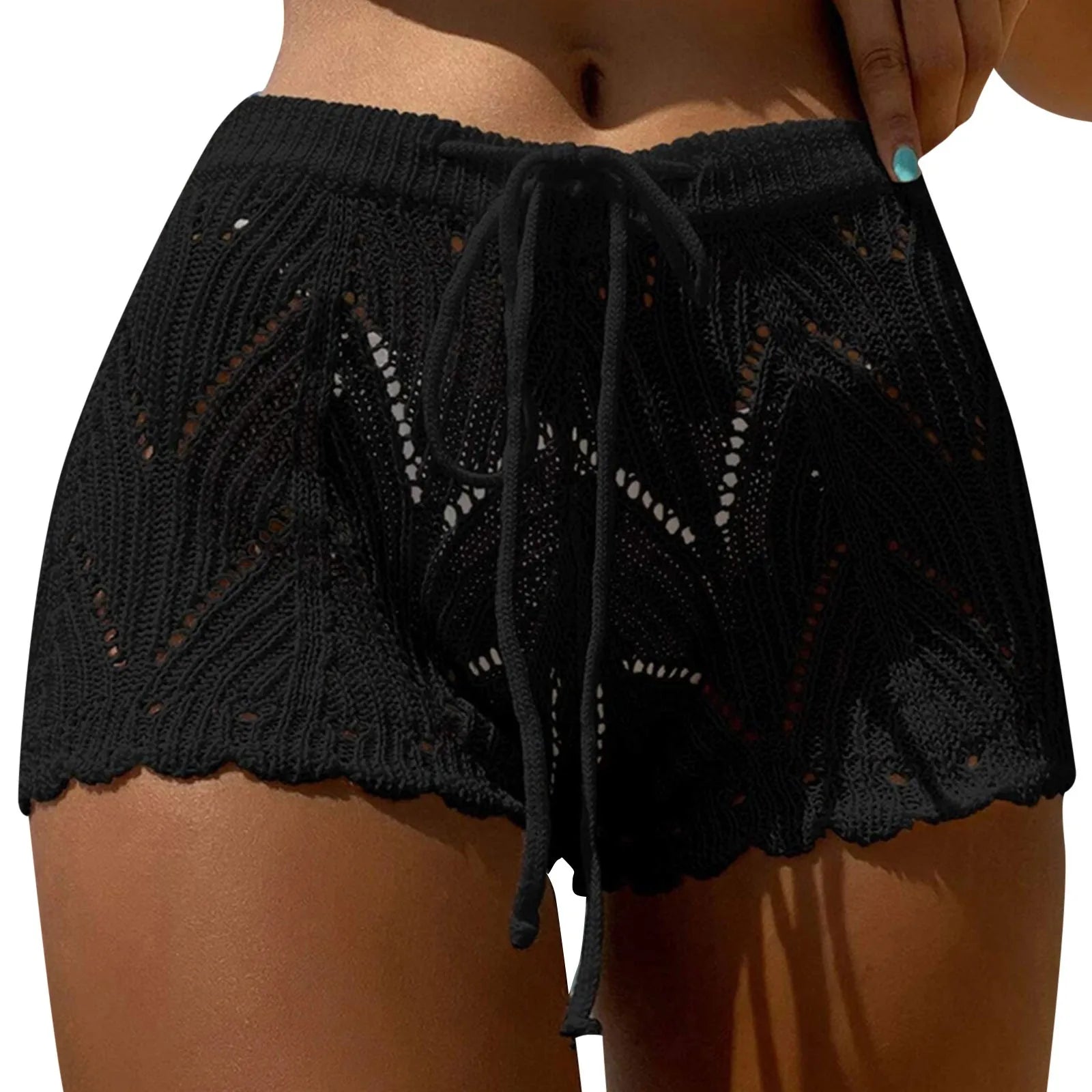 2026 Neue hohle gehäkelte Strick-Badeshorts mit Kordelzug und elastischem Bund für Damen, Sommer, sexy Strand-Cover-Ups, Shorts, Bademode, Pareo