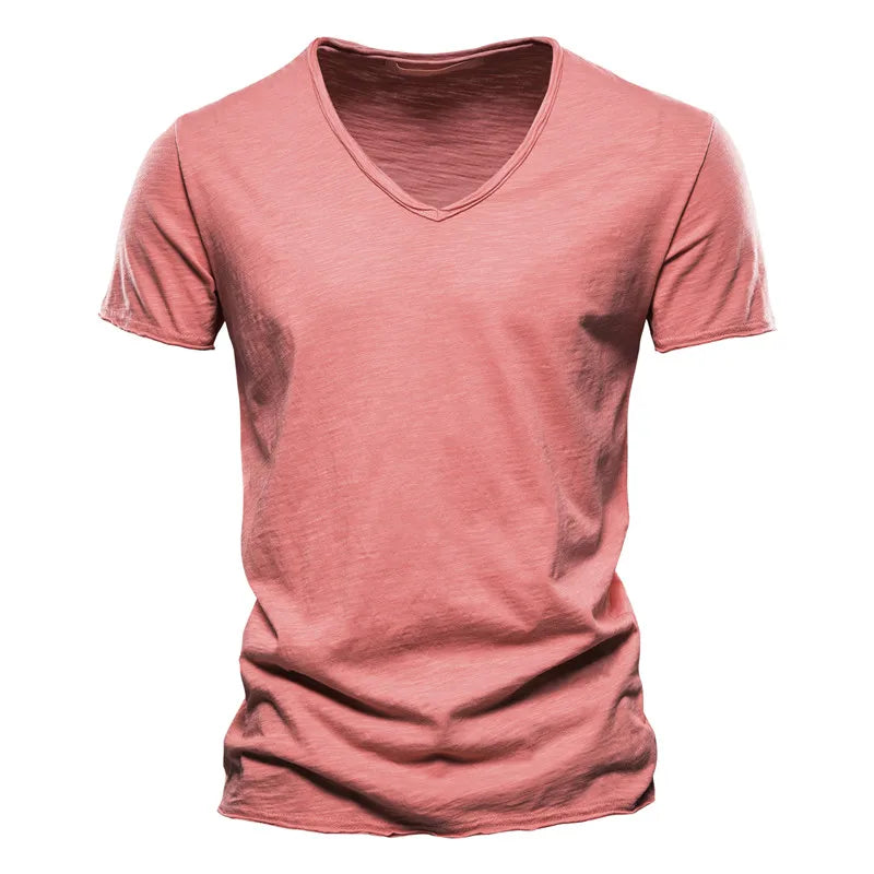 Brand Quality 100% Baumwolle Herren T-Shirt V-Ausschnitt Fashion Design Slim Fit Uni T-Shirts Herren Oberteile Kurzarm T-Shirt Für Herren