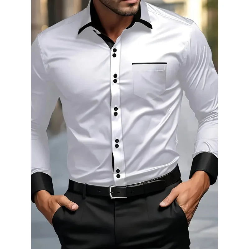 FGKKS Herren Weißes Hemd Brandneue Herrenmode Patchwork Langarm Elastisches Hemd Vier Jahreszeiten Herren Freizeithemden