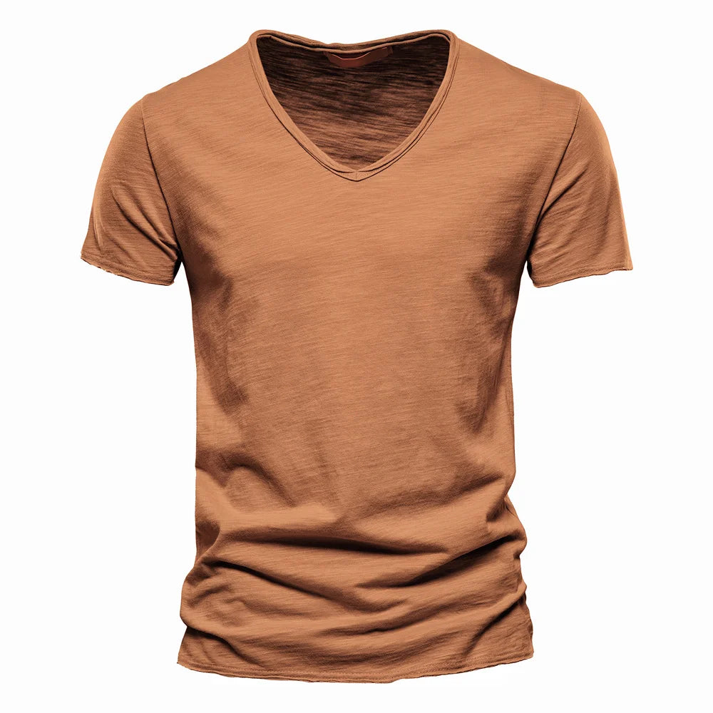 Brand Quality 100% Baumwolle Herren T-Shirt V-Ausschnitt Fashion Design Slim Fit Uni T-Shirts Herren Oberteile Kurzarm T-Shirt Für Herren