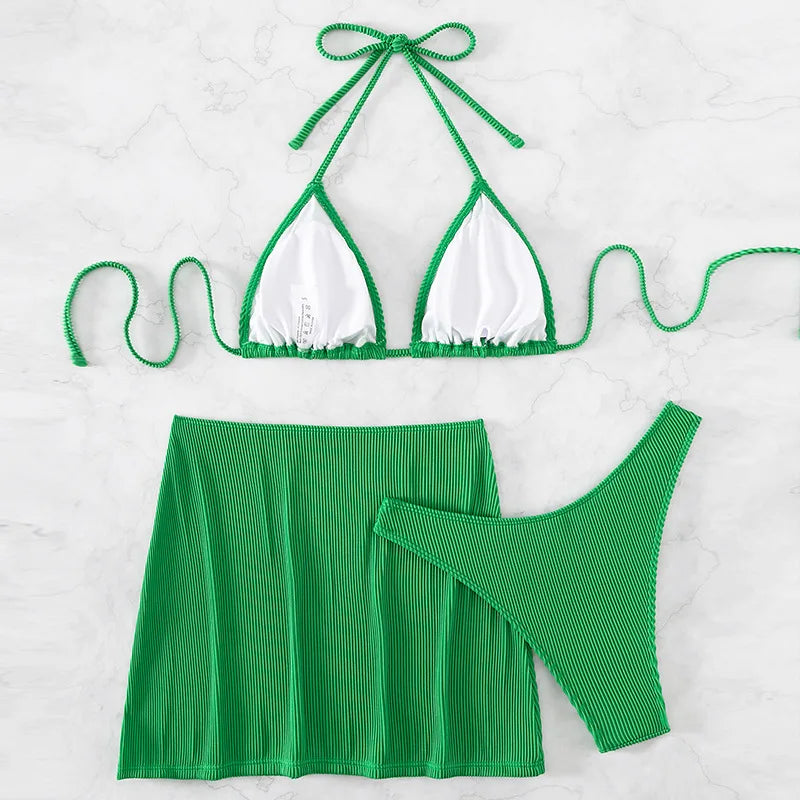 3-teiliger gerippter Bikini 2026, Neckholder-Triangel-Bikini & Rock, Bademode, Damen-Badeanzug, weibliche Strandmode