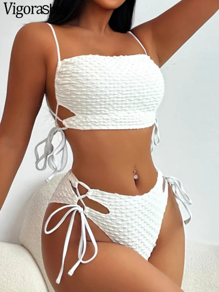 Vigorashely 2026 Solider Träger-Bikini Sexy Push-up-Badeanzug Damen Hohe Taille Hohl Badebekleidung Rückenloses Strand-Sommer-Badekleid