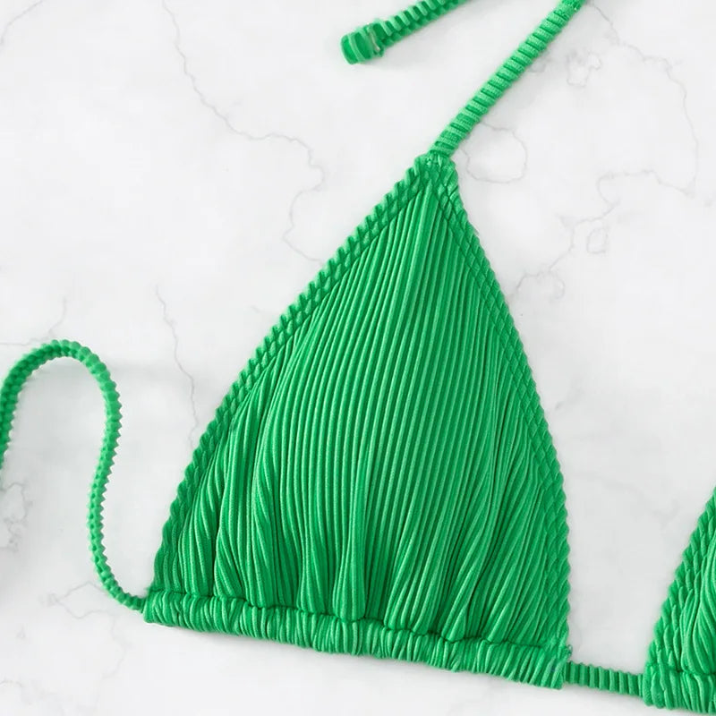 3-teiliger gerippter Bikini 2026, Neckholder-Triangel-Bikini & Rock, Bademode, Damen-Badeanzug, weibliche Strandmode