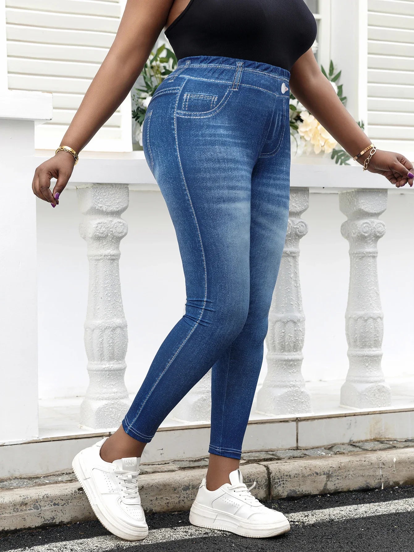 Plus-Size-Damen-Imitations-Jeans-Leggings im Vintage-Look, mittelhohe Strickhose, dehnbar und trendig, Sporthose