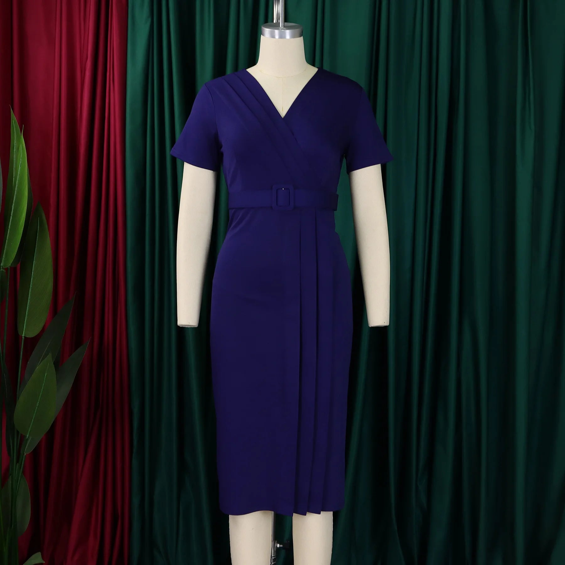 Summer New 2026 Women's Solid Color V-Neck Short Sleeve Dress Pencil Skirt Waist Tunle Material Fashionable Casual Maxi Dress