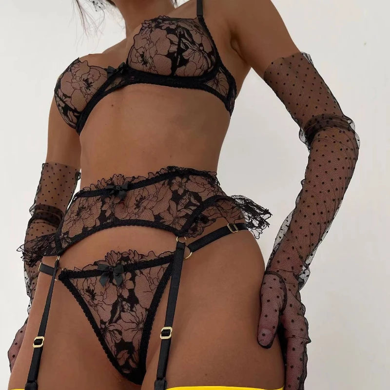 Black Bow Embroidery See-Through Woman Lingerie 3Pcs Sexy Romantic Female Bra And Panty Garters Sets Exotic Onlyfans Kit