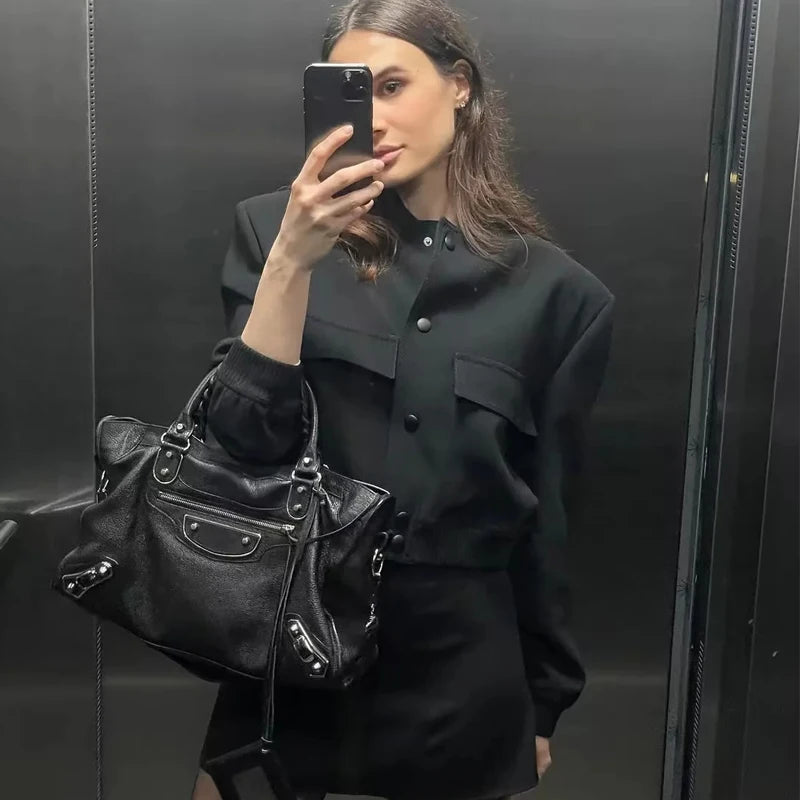 HXAO Woman Bomber Jacket Coat White Autumn Winter Button Baseball Aviator Cropped Jackets for Women Long Sleeve Crop Outerwear