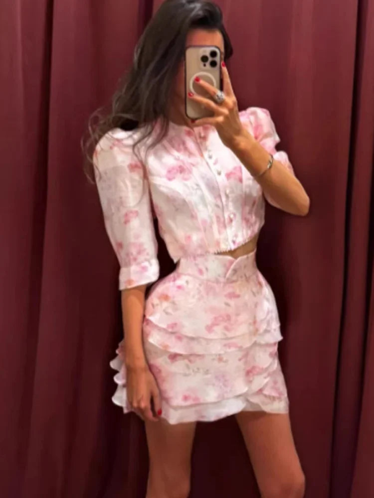 Chic Ruffle Print Slim Short Dress Women Chic Patchwork Flared sleeves V-neck Pleated Dresses 2026 Lady Summer Casual Vestido