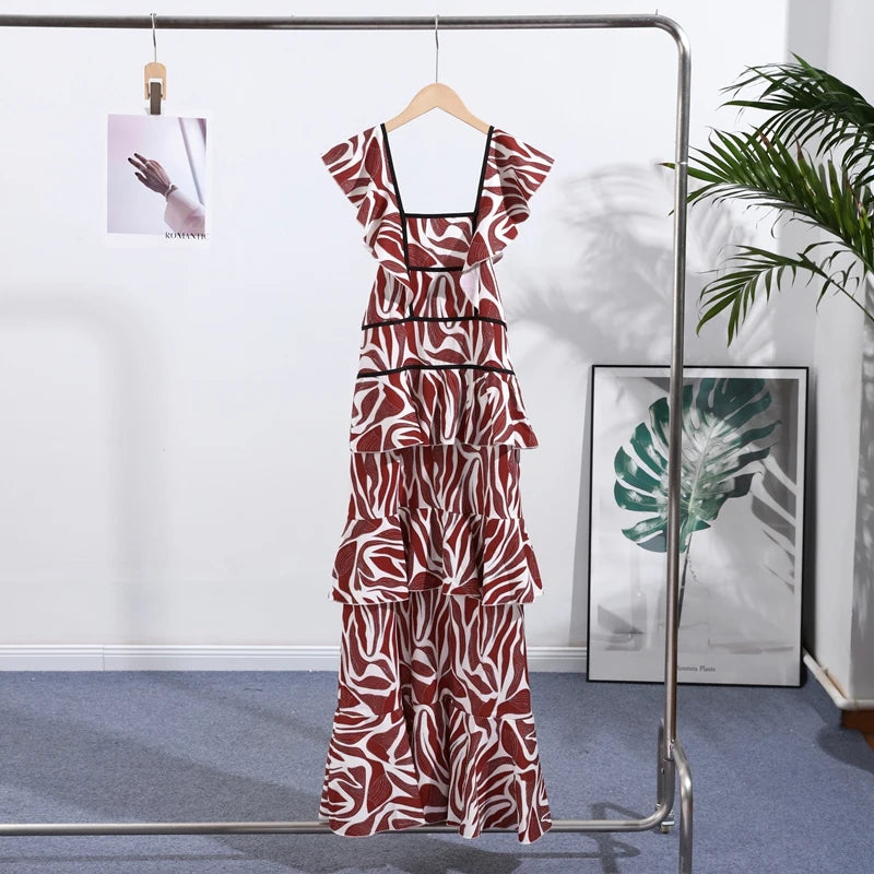 Bedrucktes Cascading Ruffles Damen Maxikleid Quadratischer Ausschnitt Kurzarm Damenkleider 2026 Mode Hohe Taille A-Linie Damen Robe