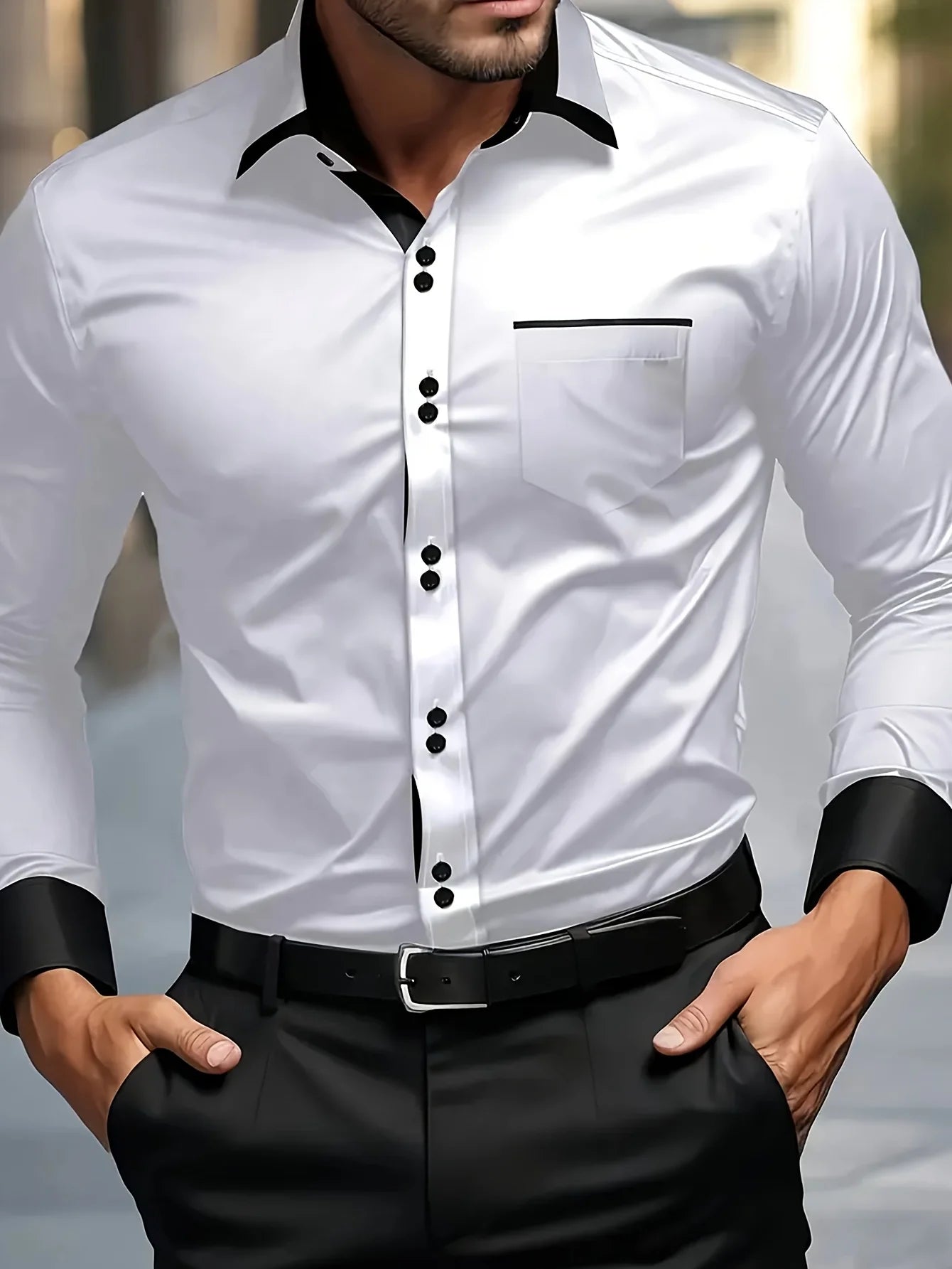 FGKKS Herren Weißes Hemd Brandneue Herrenmode Patchwork Langarm Elastisches Hemd Vier Jahreszeiten Herren Freizeithemden