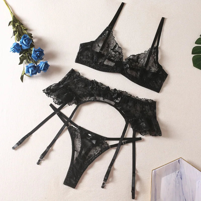 Black Bow Embroidery See-Through Woman Lingerie 3Pcs Sexy Romantic Female Bra And Panty Garters Sets Exotic Onlyfans Kit