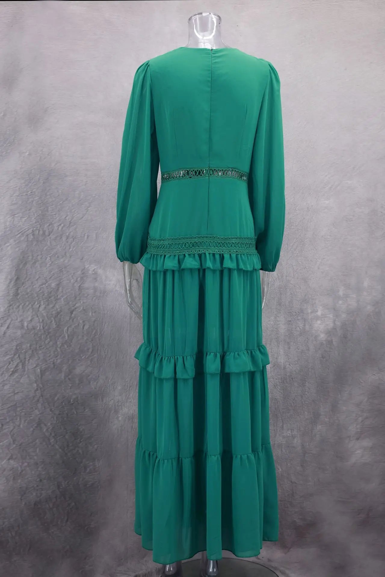 CM.YAYA Damen V-Ausschnitt Langarm Rüschen Spitze Langes Maxi-Kleid 2025 Frühling Strand Urlaub Party Sexy Street Vestidos Sexy Kleider
