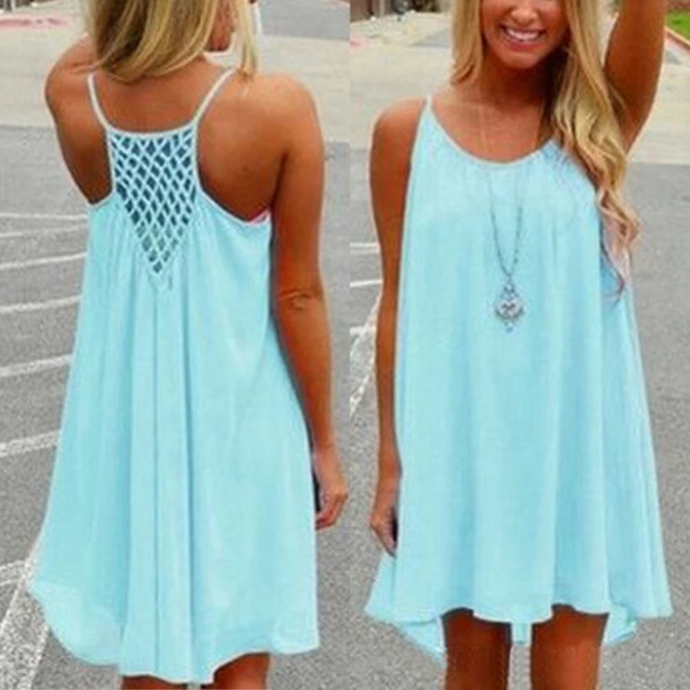 2016 Sommer-Mode 2016 Heißes neues sexy ärmelloses Strandkleid für Damen, lässig, mit Trägern, rückenfrei, für Abendpartys