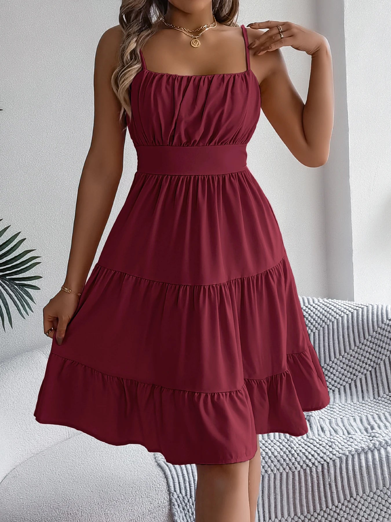 Lässiges Rüschen-Trägerkleid für den Urlaub, Frühling Sommer Damen Einfarbige Kleider für den Valentinstag 2026 Damenbekleidung Rosa Blau