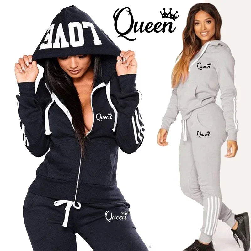 Autumn Winter Queen Printed Women Tracksuit Casual Hooded Sweatshirt 2 Pcs Set Sport Jogging Woman Pants Set Daily Home Clothing