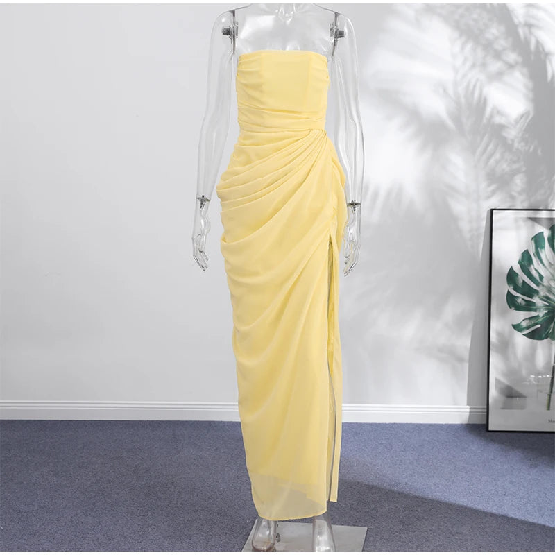 Sexy Solid Pleated Strapless Dress Lady Chic Off-shoulder Backless High Waist Split Dresses Women 2026 New Evening Party Gown