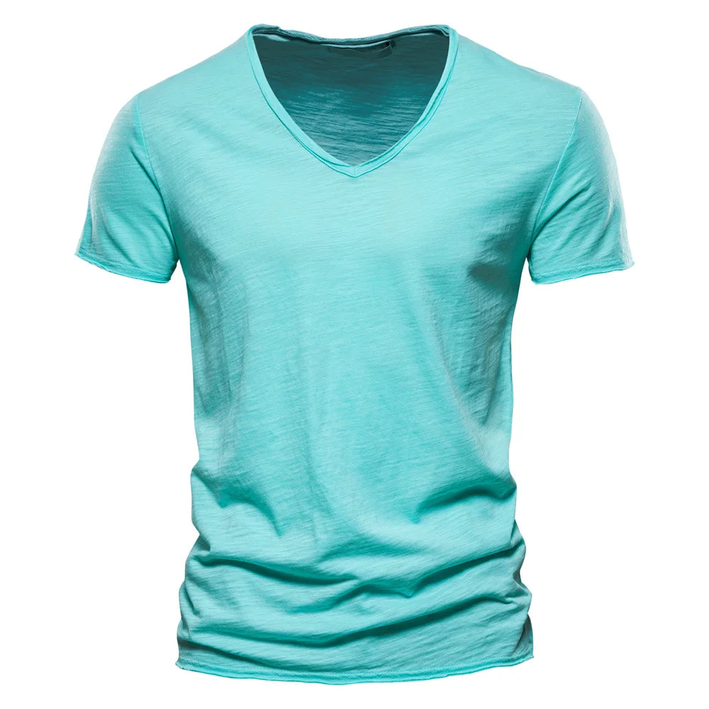 Brand Quality 100% Baumwolle Herren T-Shirt V-Ausschnitt Fashion Design Slim Fit Uni T-Shirts Herren Oberteile Kurzarm T-Shirt Für Herren