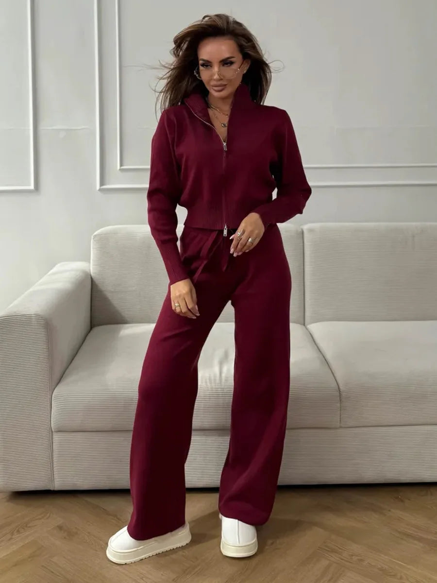 Wolfeel  New Autumn Winter Zip Up Knit Pants Set Women's Trendy Slim Fit Cardigan Pants Chic Commuting Sweater Outfit